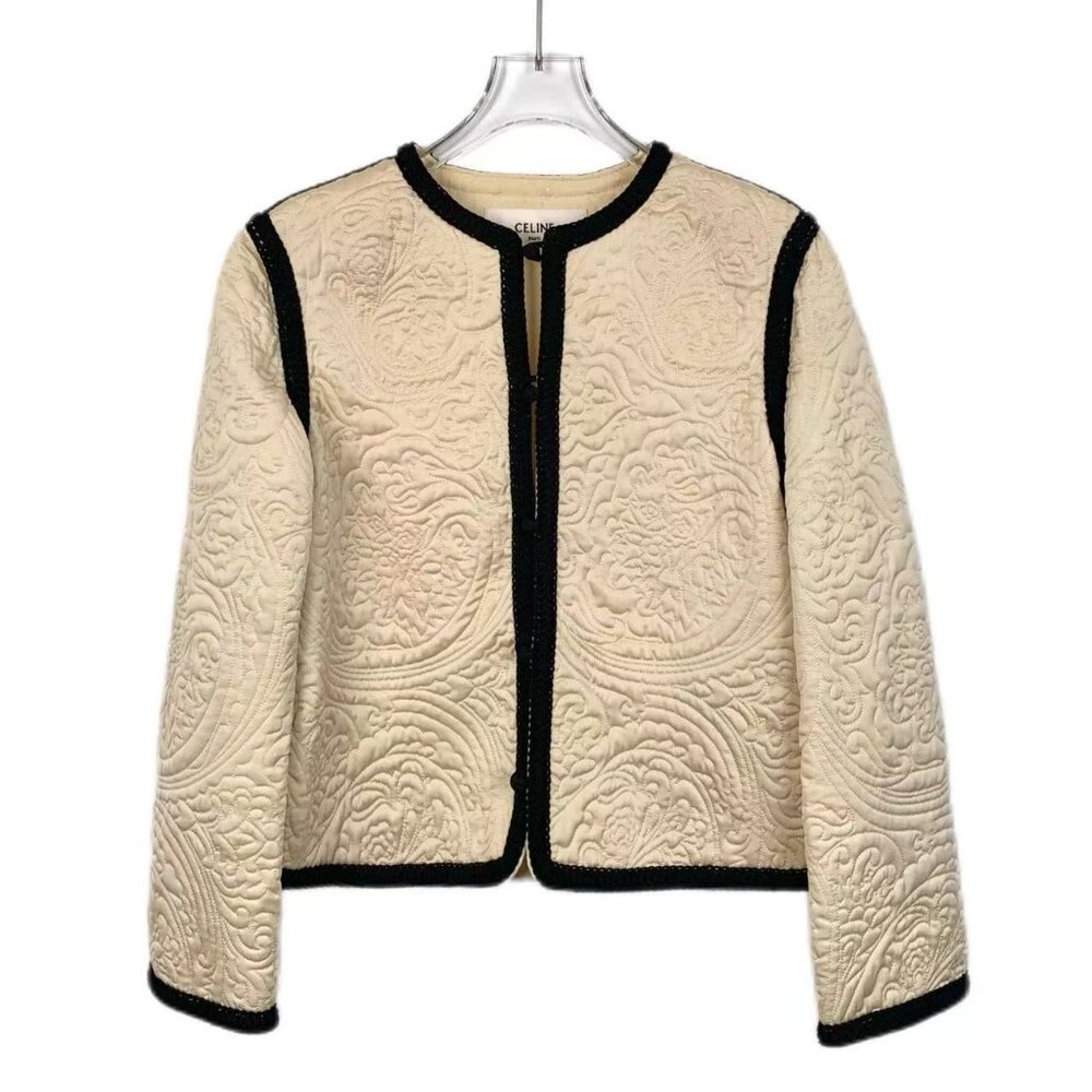 Celine Quilted Cream Jacket With Black Trim Button Closure Long Sleeves Round Ne